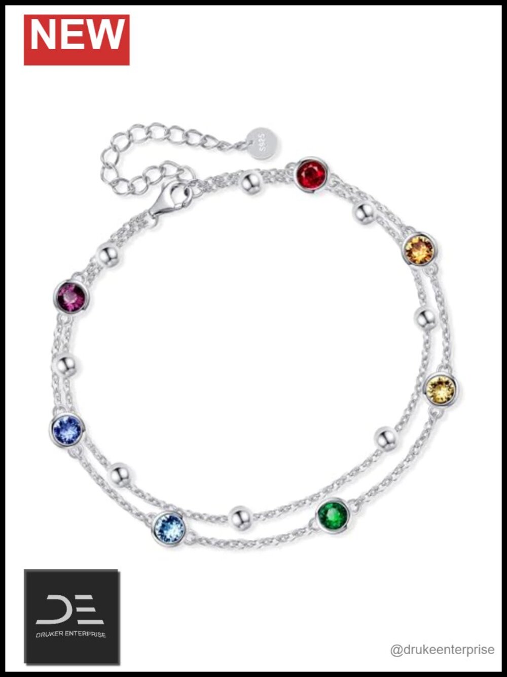 925 Sterling Silver Crystal Chakra Link Bracelet Layered Chain Healing Jewelry